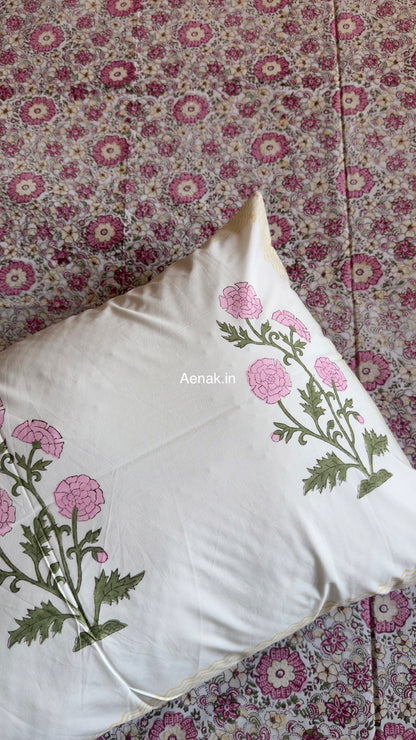 Pink Floral Garden Handblock Premium Cotton Bedsheet Set