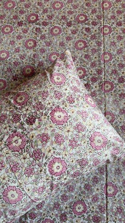 Pink Floral Garden Handblock Premium Cotton Bedsheet Set