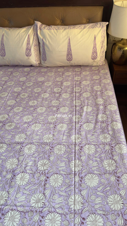 Purple Floral Garden Handblock Premium Cotton Bedsheet Set