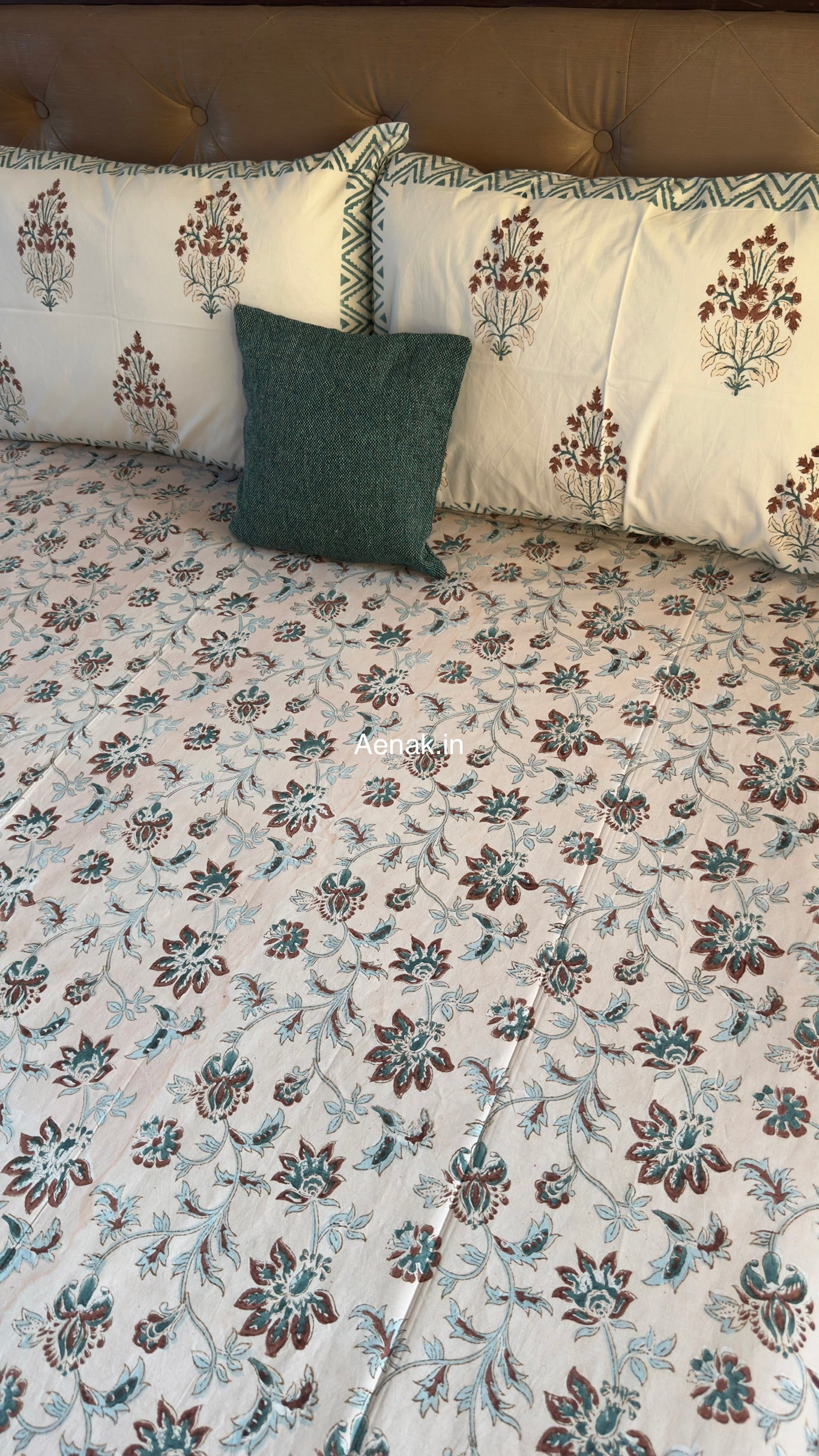 Brown Peach Floral Jaal Handblock Premium Cotton Bedsheet Set