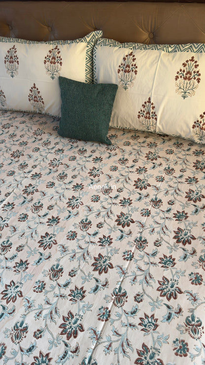 Brown Peach Floral Jaal Handblock Premium Cotton Bedsheet Set