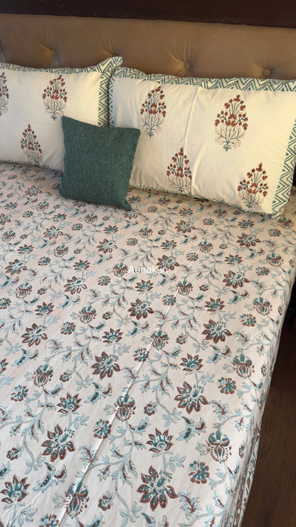 Brown Peach Floral Jaal Handblock Premium Cotton Bedsheet Set