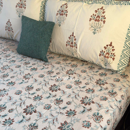 Brown Peach Floral Jaal Handblock Premium Cotton Bedsheet Set