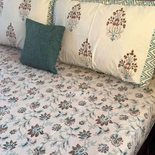 Brown Peach Floral Jaal Handblock Premium Cotton Bedsheet Set