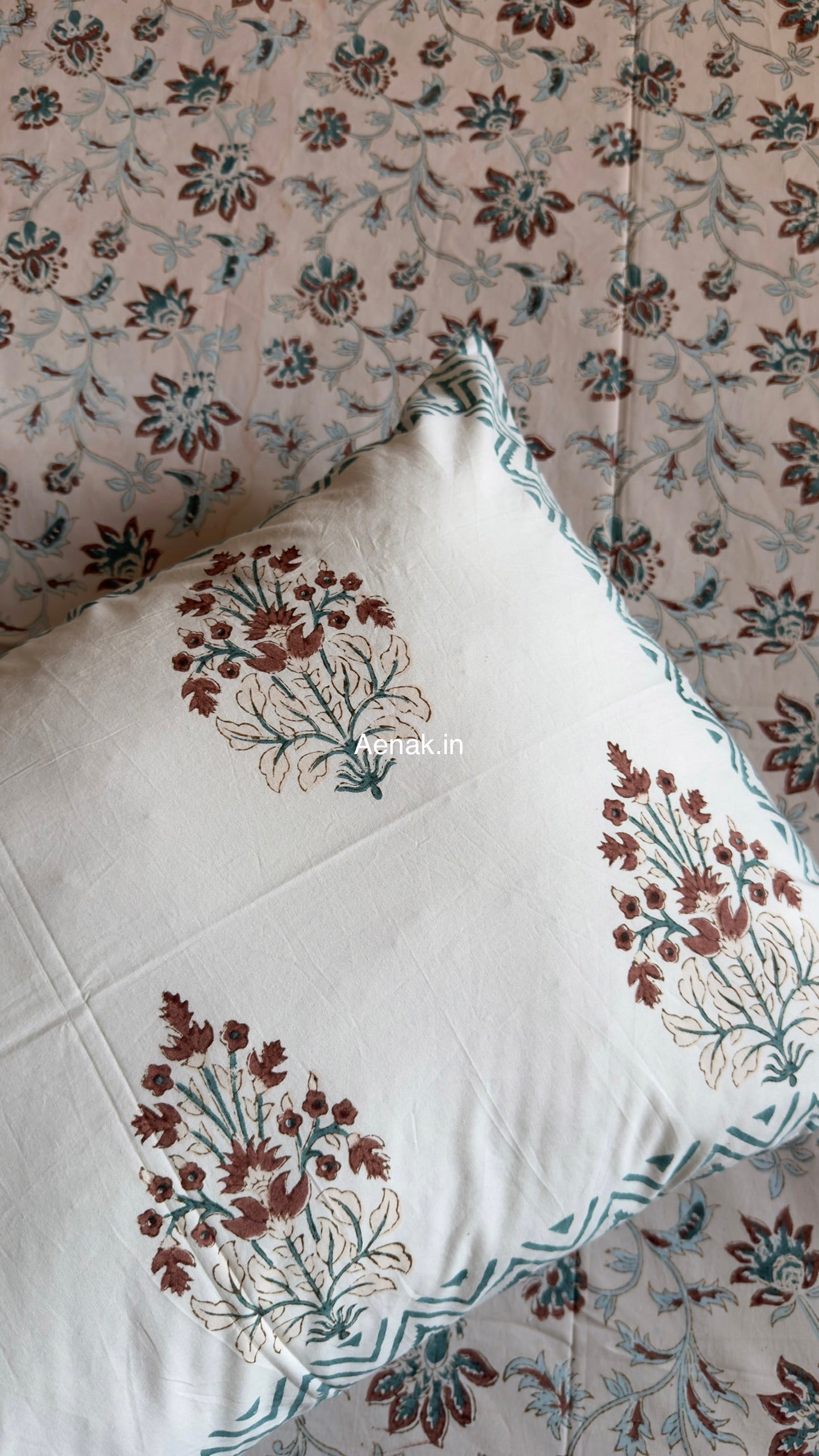 Brown Peach Floral Jaal Handblock Premium Cotton Bedsheet Set