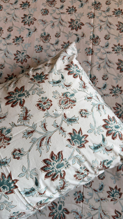 Brown Peach Floral Jaal Handblock Premium Cotton Bedsheet Set