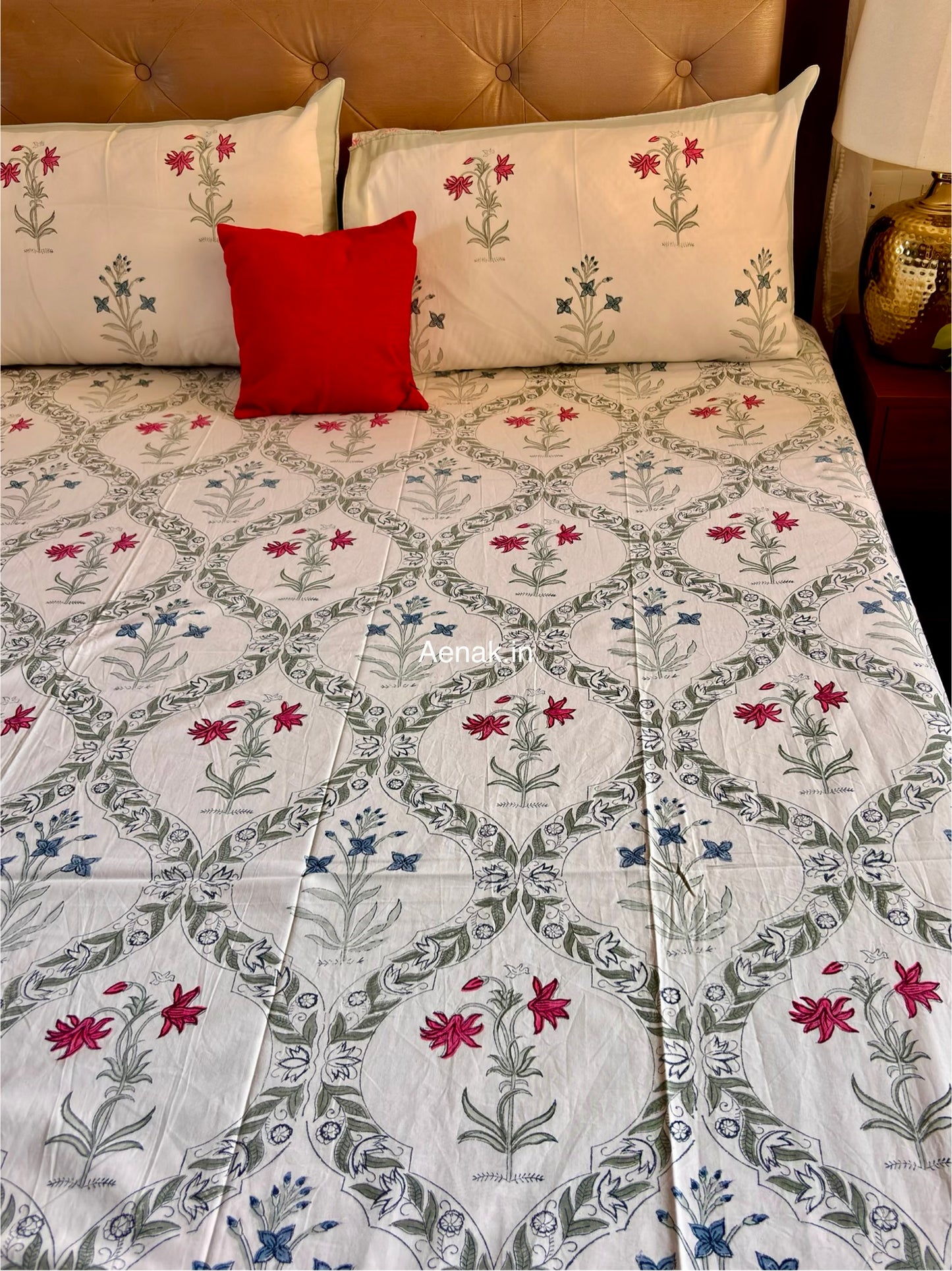 Pink Blue Floral Jaal Handblock Bedsheet + Dohar Combo Set