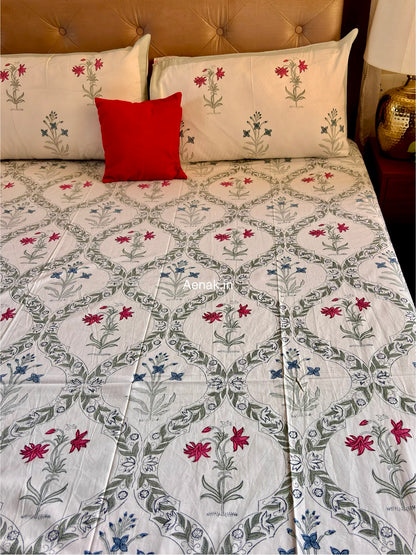 Pink Blue Floral Jaal Handblock Bedsheet + Dohar Combo Set
