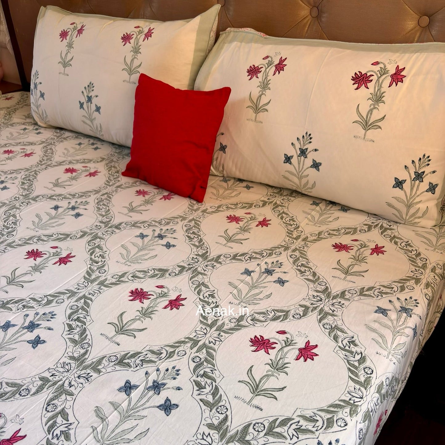 Pink Blue Floral Jaal Handblock Bedsheet + Dohar Combo Set