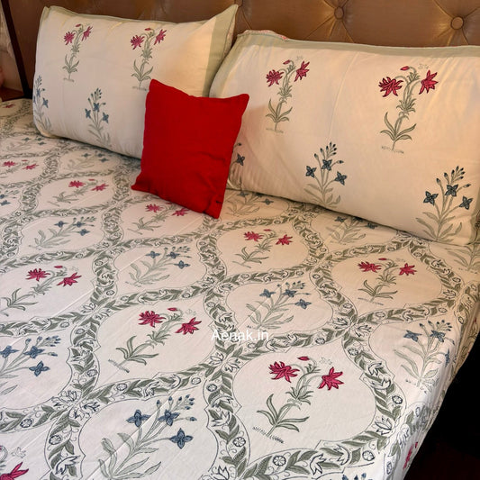 Pink Blue Floral Jaal Handblock Premium Cotton Bedsheet Set