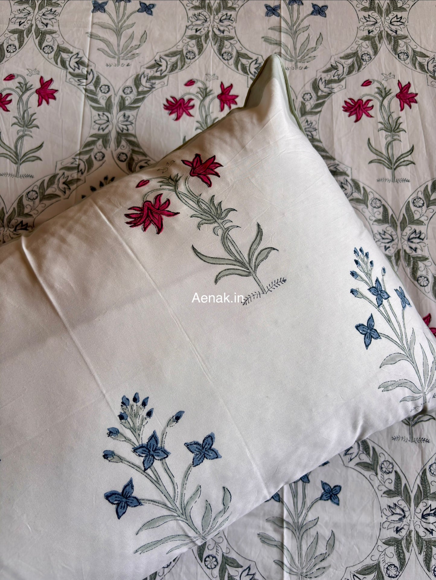 Pink Blue Floral Jaal Handblock Bedsheet + Dohar Combo Set