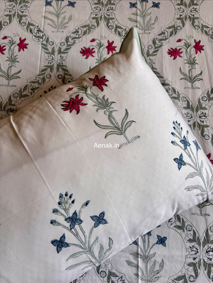 Pink Blue Floral Jaal Handblock Bedsheet + Dohar Combo Set