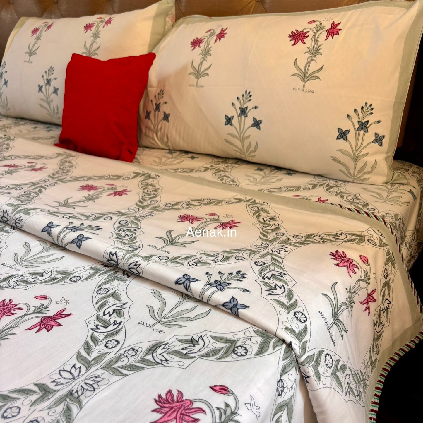 Pink Blue Floral Jaal Handblock Bedsheet + Dohar Combo Set