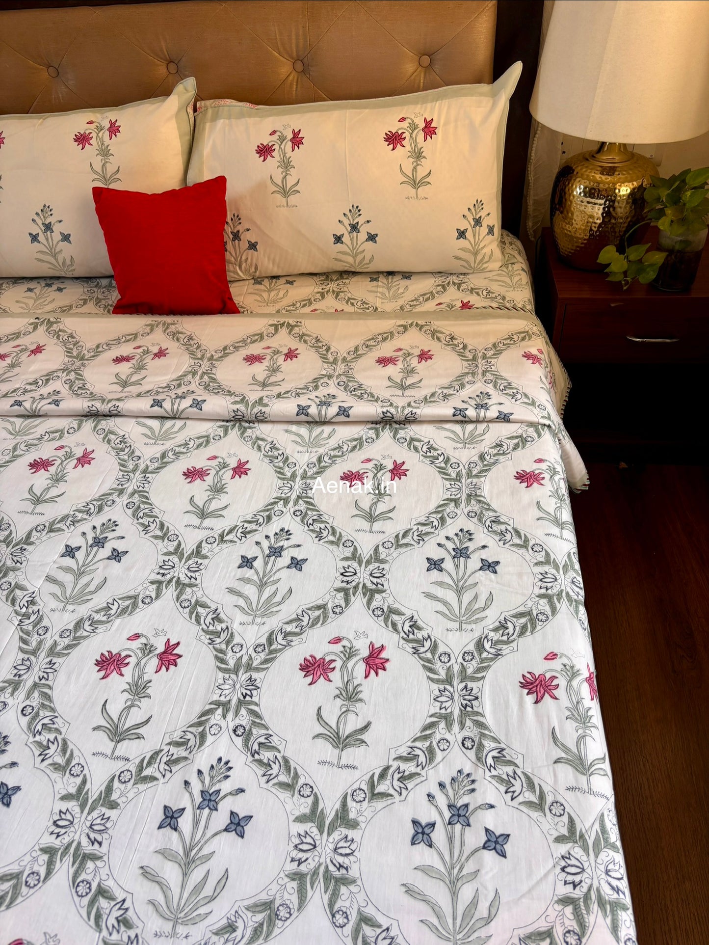 Pink Blue Floral Jaal Handblock Bedsheet + Dohar Combo Set