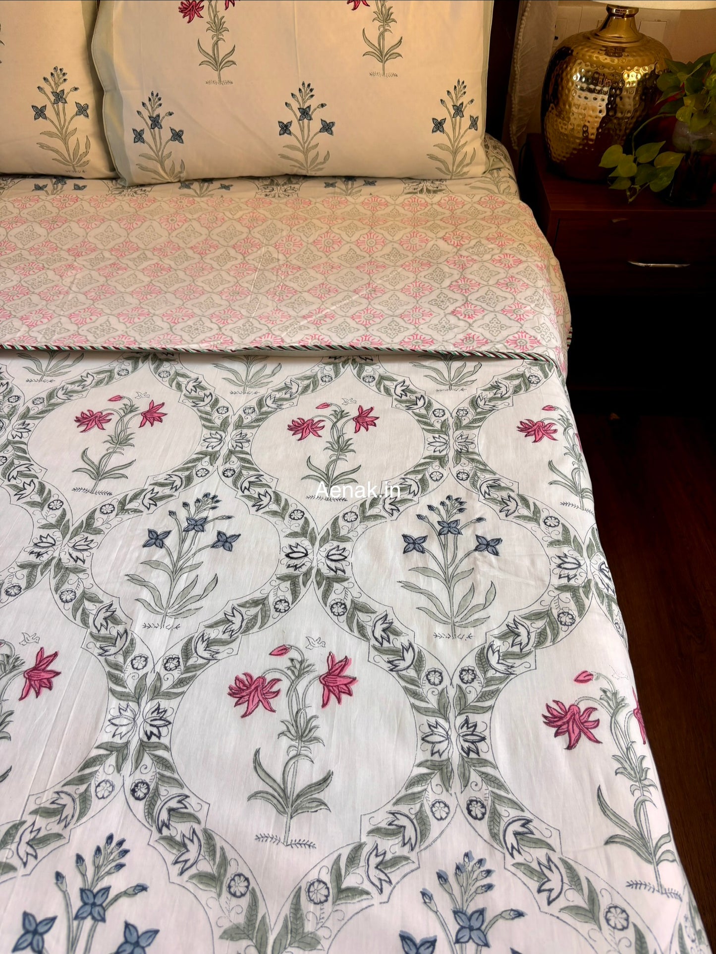 Pink Blue Floral Jaal Handblock Bedsheet + Dohar Combo Set