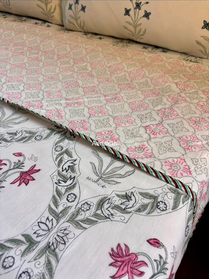 Pink Blue Floral Jaal Handblock Bedsheet + Dohar Combo Set