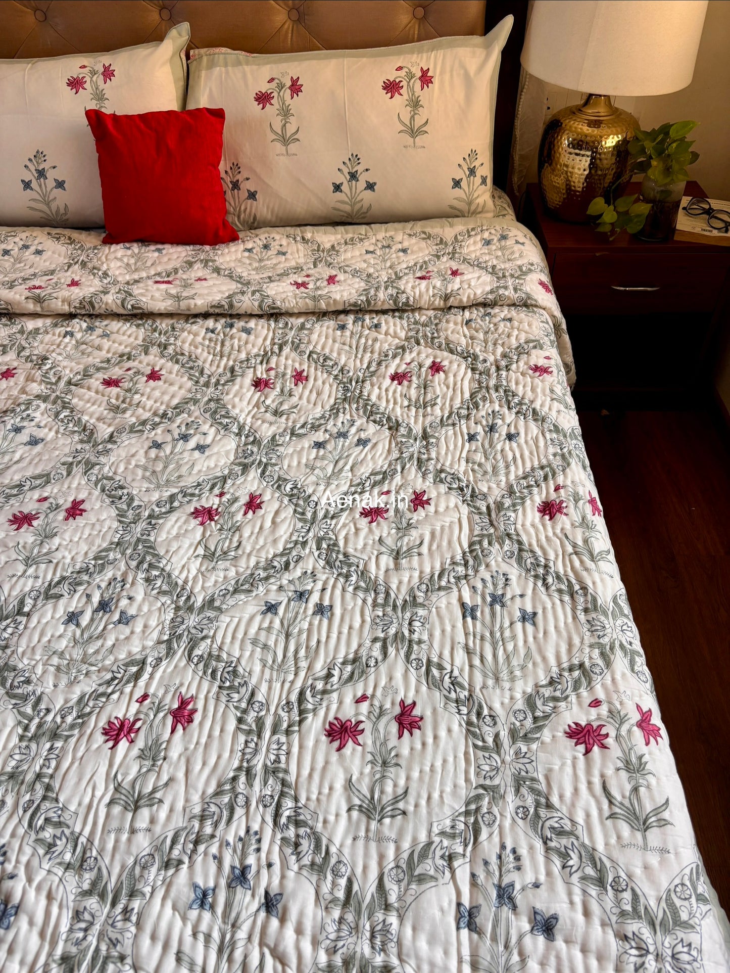 Pink Blue Floral Jaal Handblock Reversible Mulmul Cotton Quilt