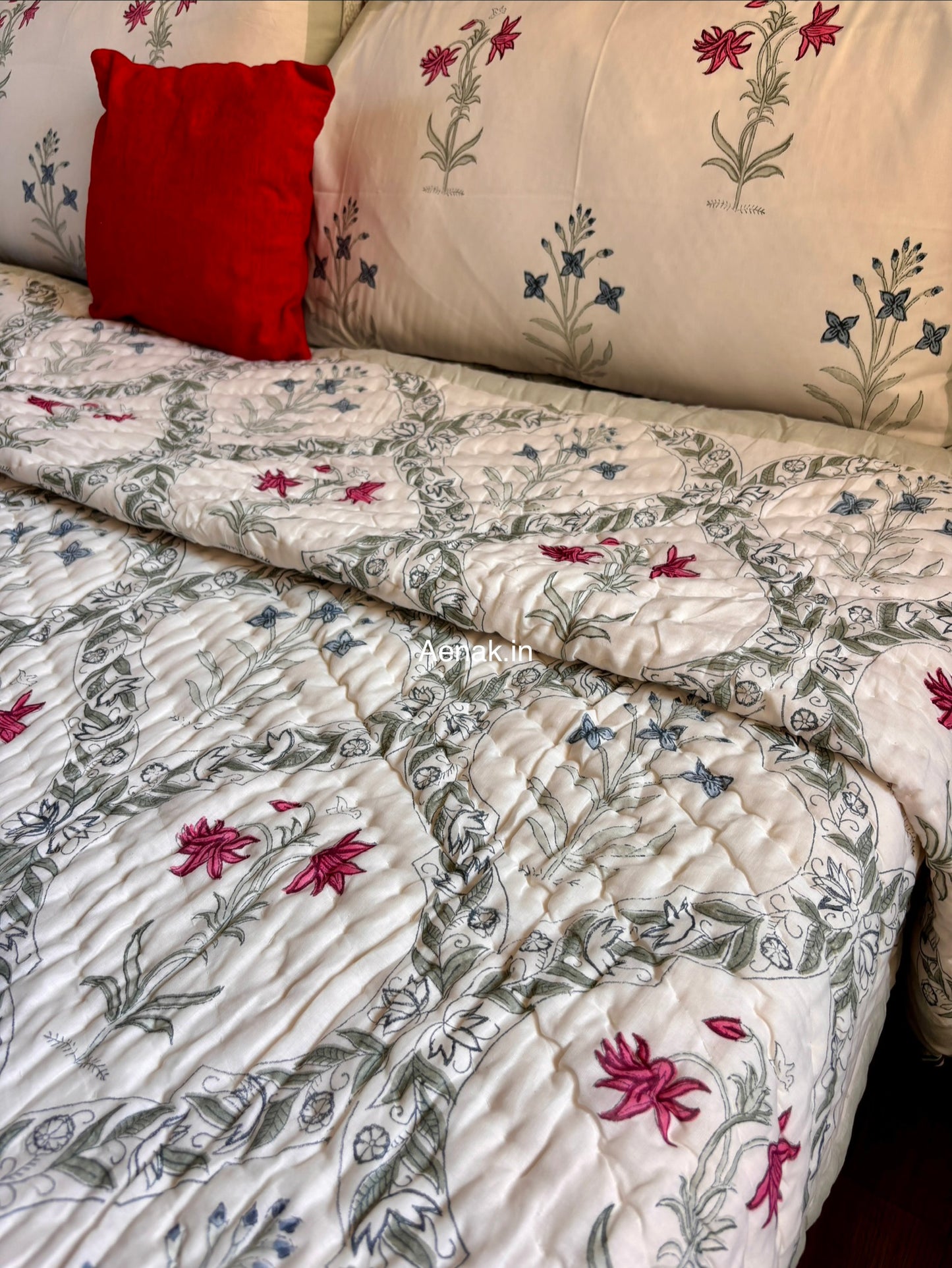 Pink Blue Floral Jaal Handblock Reversible Mulmul Cotton Quilt