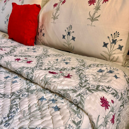 Pink Blue Floral Jaal Handblock Reversible Mulmul Cotton Quilt