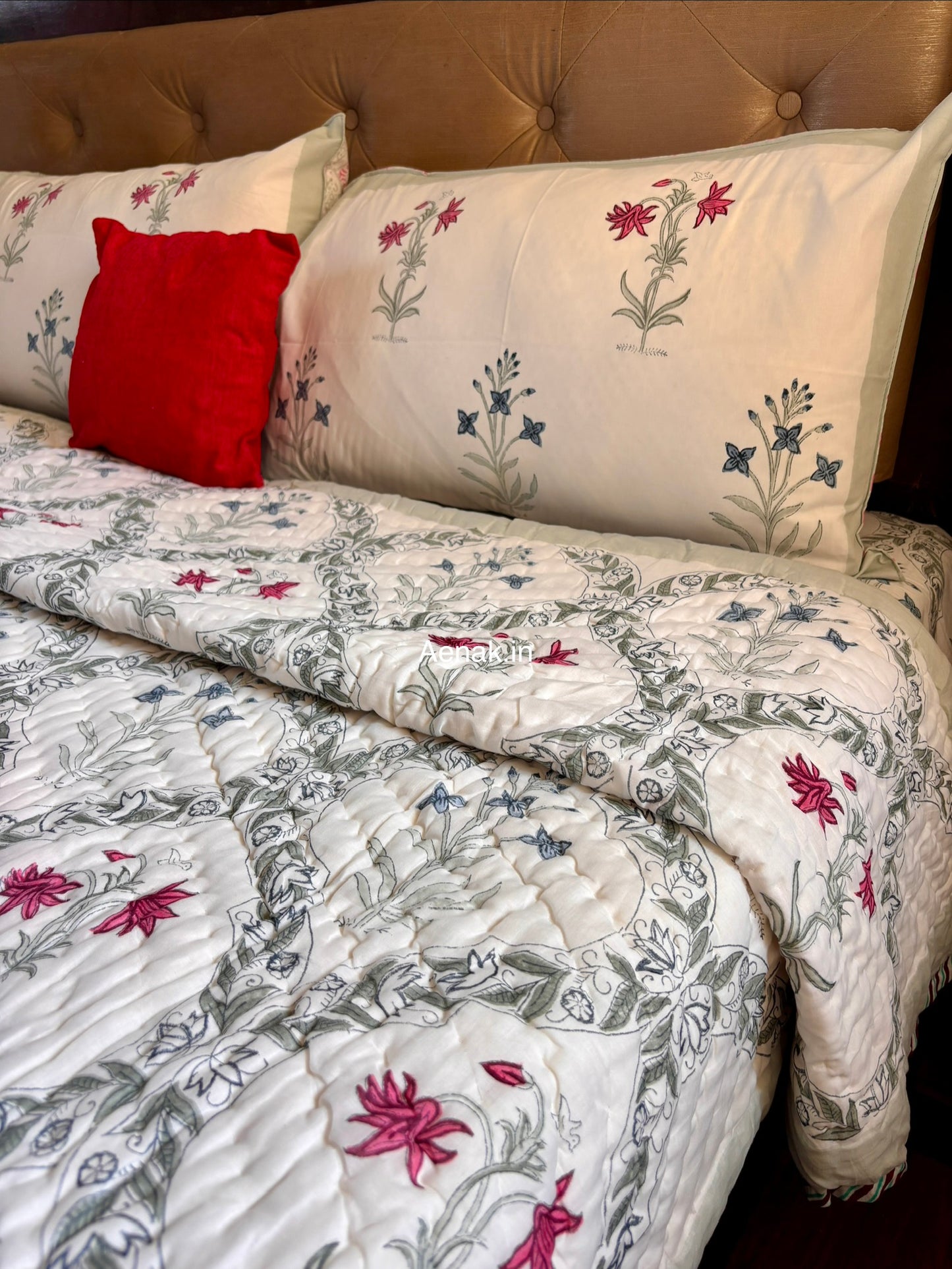 Pink Blue Floral Jaal Handblock Reversible Mulmul Cotton Quilt