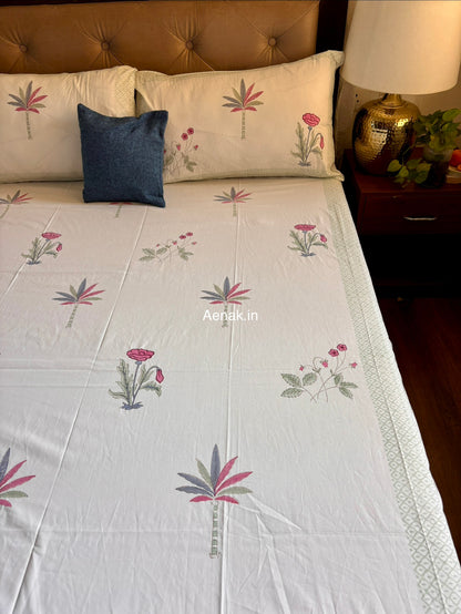 Pink Blue Palm Handblock Premium Cotton Bedsheet Set