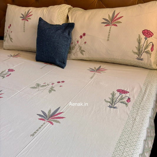 Pink Blue Palm Handblock Premium Cotton Bedsheet Set