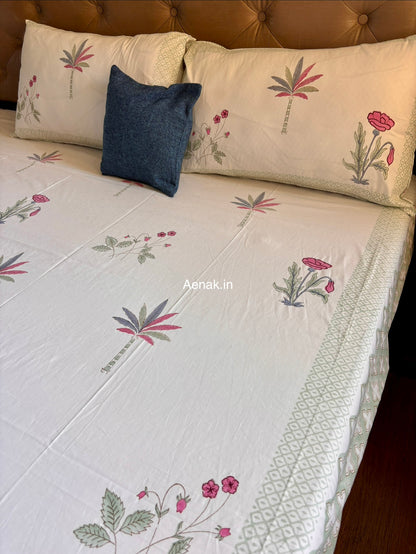 Pink Blue Palm Handblock Premium Cotton Bedsheet Set