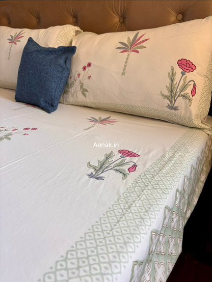 Pink Blue Palm Handblock Premium Cotton Bedsheet Set