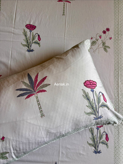 Pink Blue Palm Handblock Premium Cotton Bedsheet Set