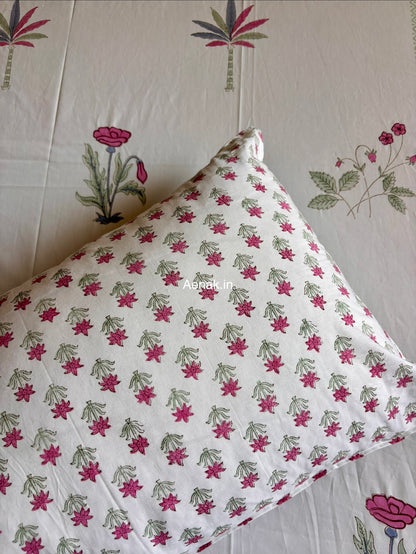 Pink Blue Palm Handblock Premium Cotton Bedsheet Set