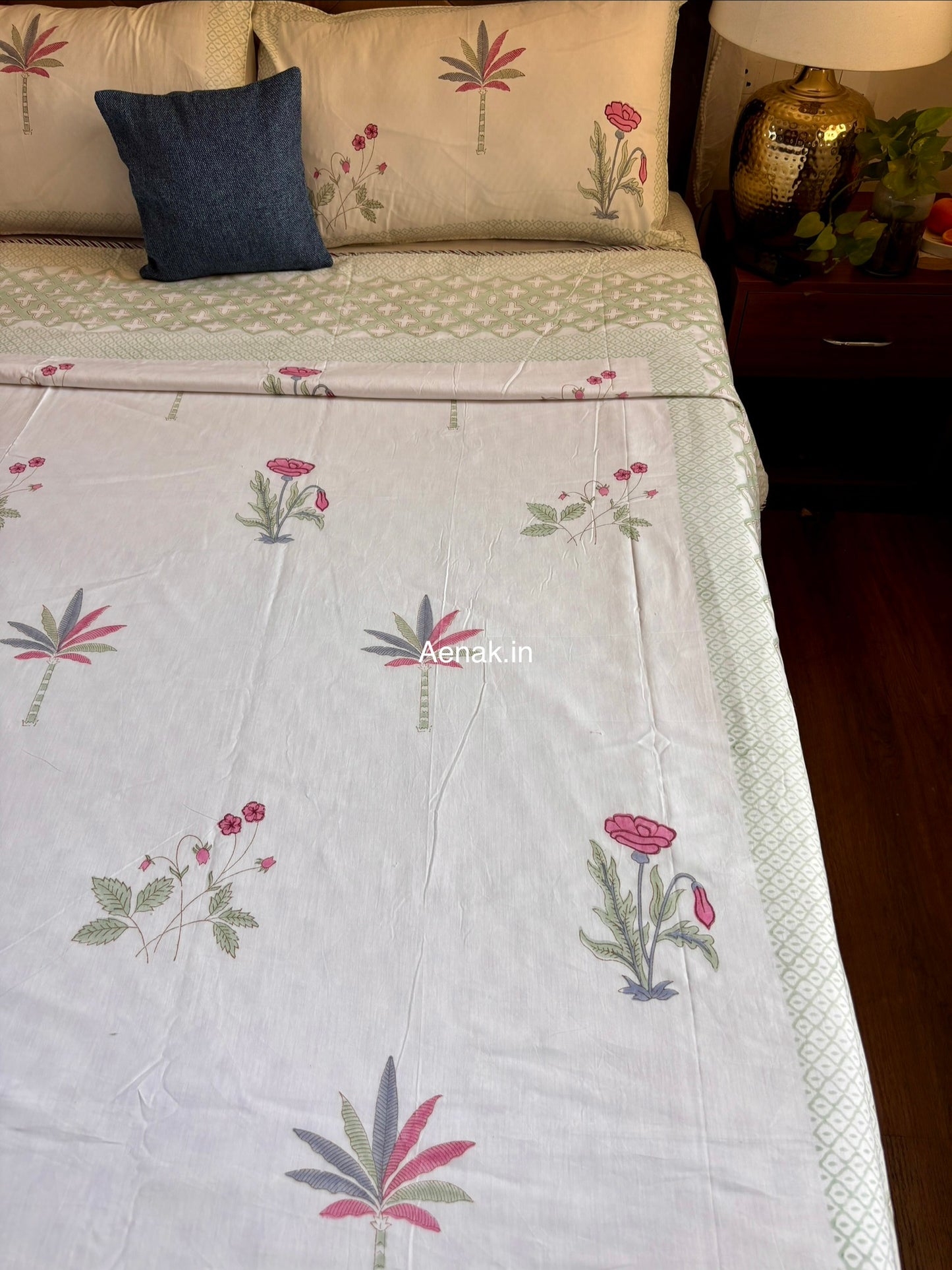 Pink Blue Palm Handblock Bedsheet + Dohar Combo Set