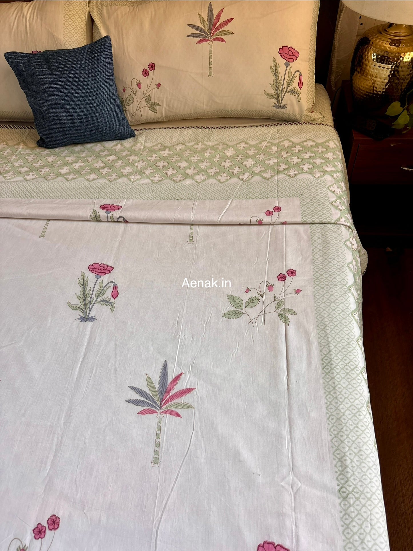 Pink Blue Palm Handblock Bedsheet + Dohar Combo Set