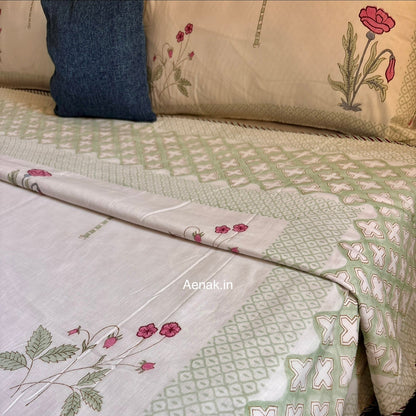 Pink Blue Palm Handblock Bedsheet + Dohar Combo Set