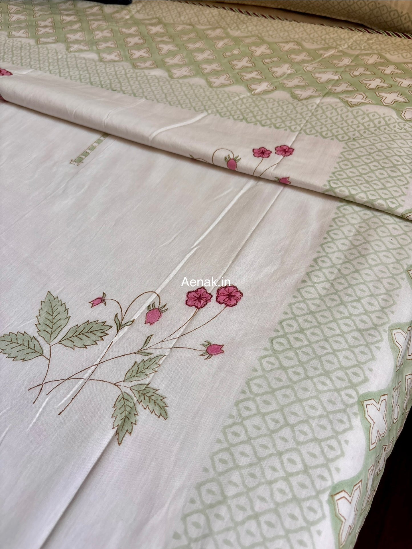 Pink Blue Palm Handblock Bedsheet + Dohar Combo Set
