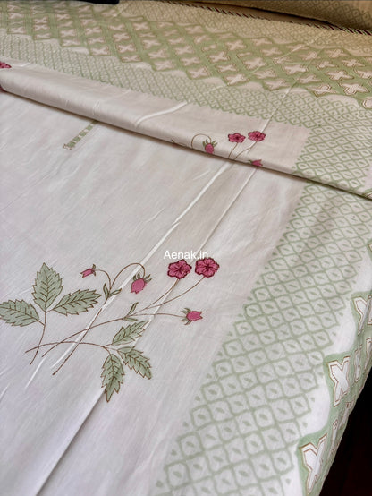 Pink Blue Palm Handblock Bedsheet + Dohar Combo Set