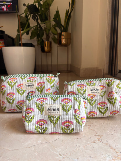 White Floral Garden Quilted Vanity Pouches-Set of 3