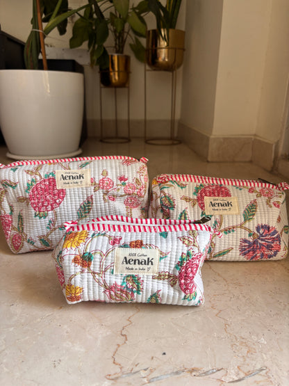 Purple & Pink Floral Garden Quilted Vanity Pouches-Set of 3