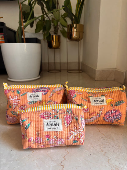 Orange Floral Garden Quilted Vanity Pouches-Set of 3