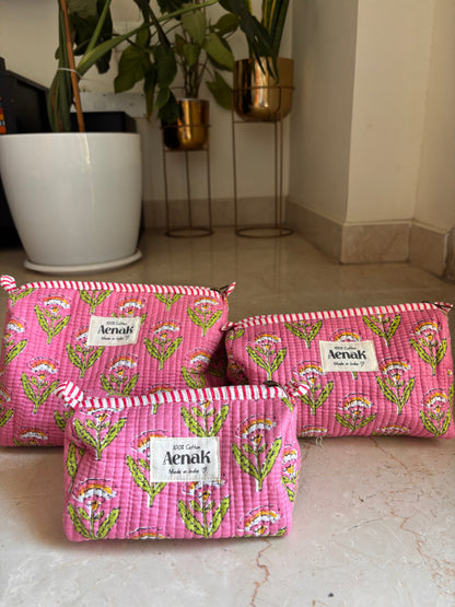Pink Floral Garden Quilted Vanity Pouches-Set of 3