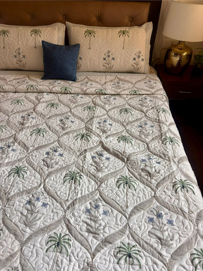 Blue Floral Jaal Handblock Bedsheet + Quilted Bedcover Combo Set