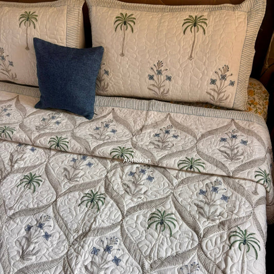 Blue Floral Jaal Handblock Bedsheet + Quilted Bedcover Combo Set