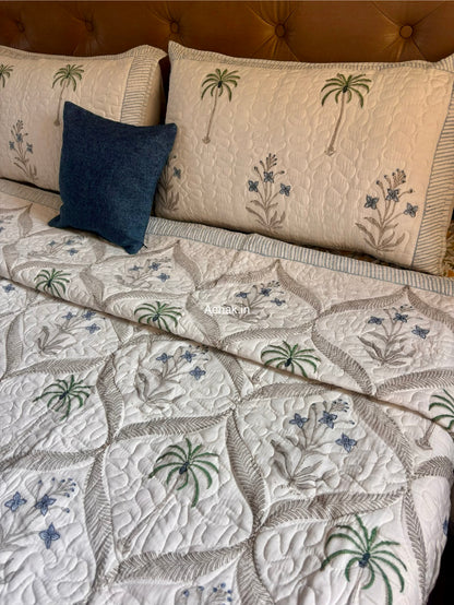 Blue Floral Jaal Handblock Bedsheet + Quilted Bedcover Combo Set