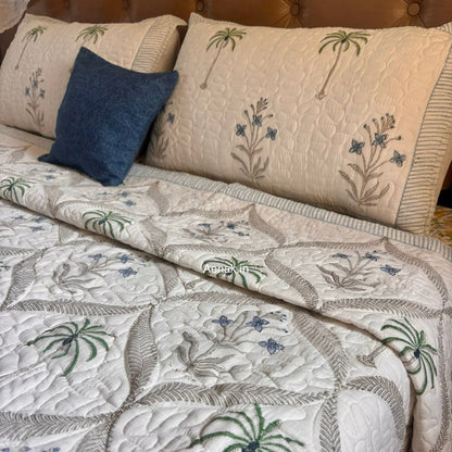 Blue Floral Palm Jaal Handblock Reversible Quilted Bedcover Set