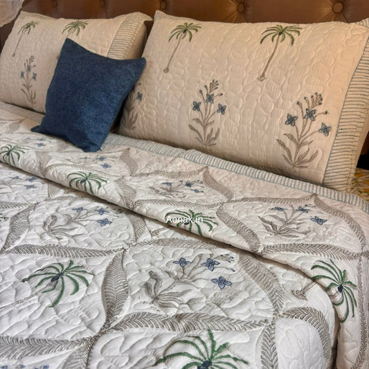Blue Floral Palm Jaal Handblock Reversible Quilted Bedcover Set