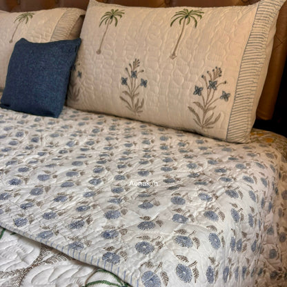 Blue Floral Jaal Handblock Bedsheet + Quilted Bedcover Combo Set