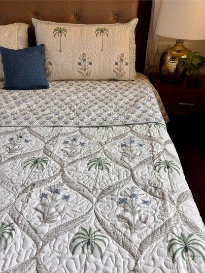 Blue Floral Palm Jaal Handblock Reversible Quilted Bedcover Set