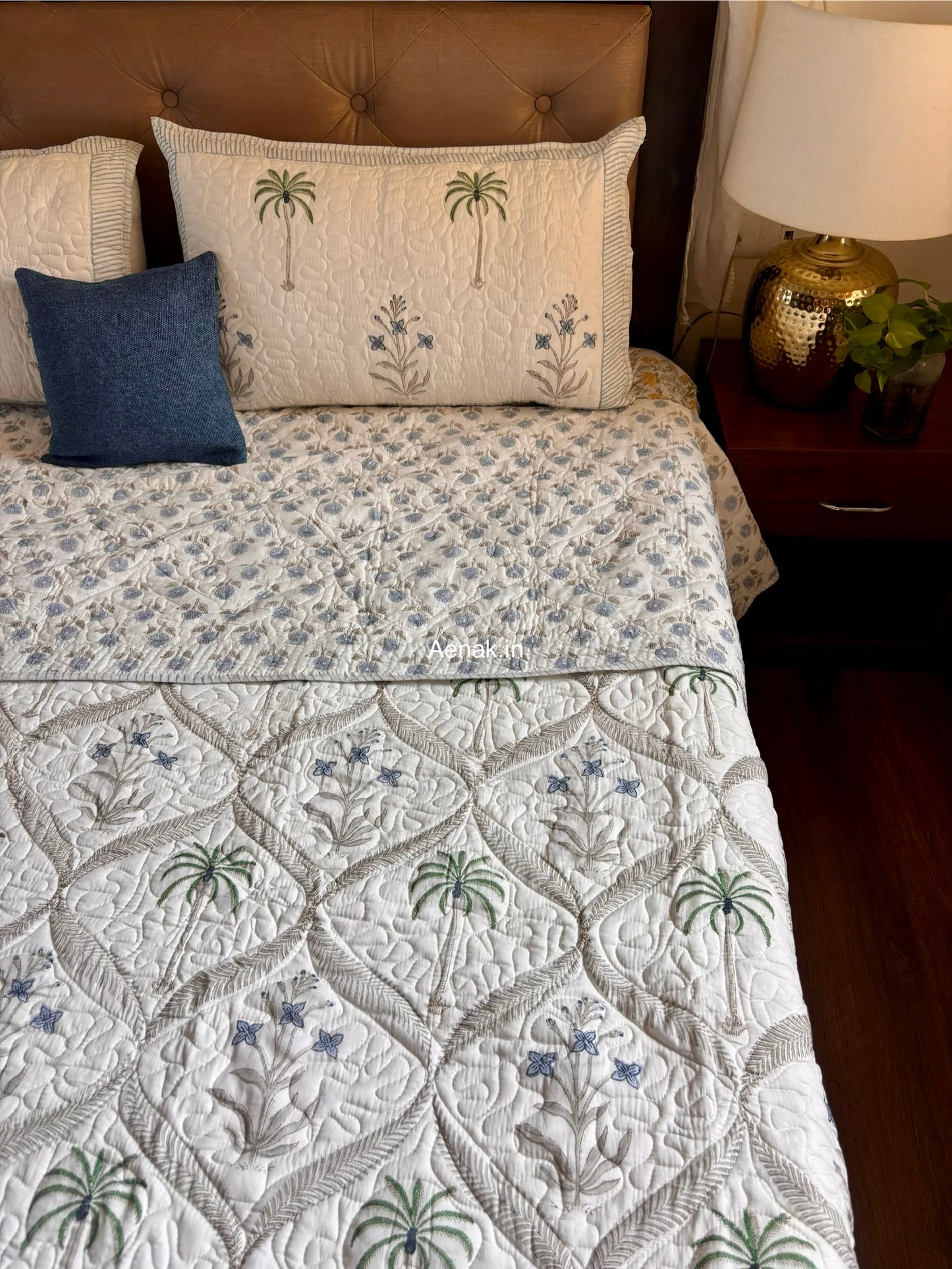 Blue Floral Jaal Handblock Bedsheet + Quilted Bedcover Combo Set