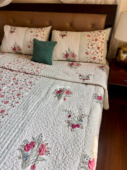 Kashmiri Boota Handblock Reversible Quilted Bedcover Set
