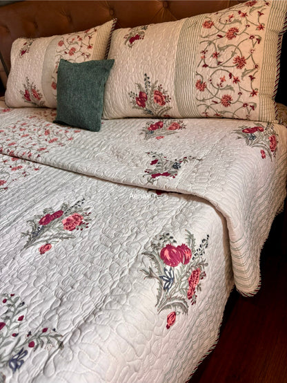 Kashmiri Boota Handblock Bedsheet + Quilted Bedcover Combo Set