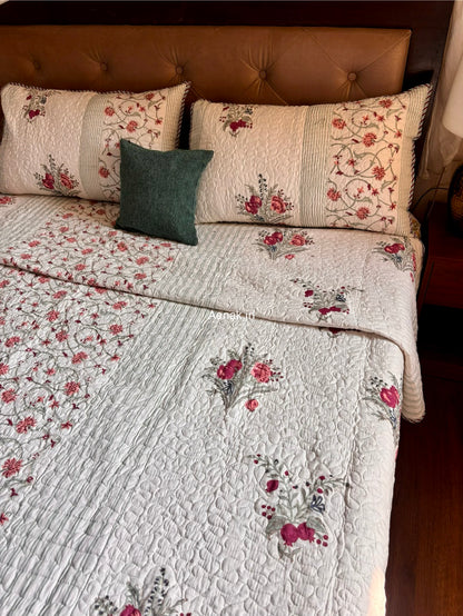 Kashmiri Boota Handblock Bedsheet + Quilted Bedcover Combo Set